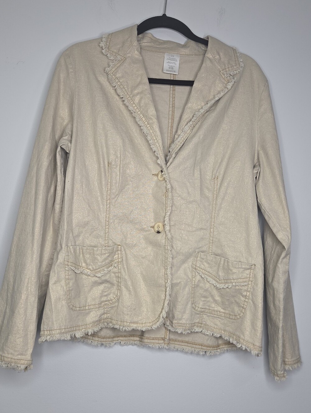 Avon Linen-blend Blazer, highlighted by its distinctive frayed fringe trim, Sz L